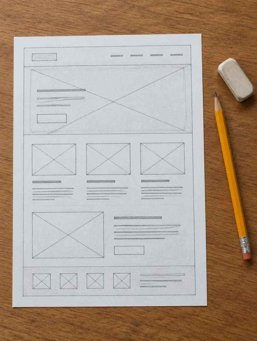 Maquette de page web dessinée au crayon sur papier