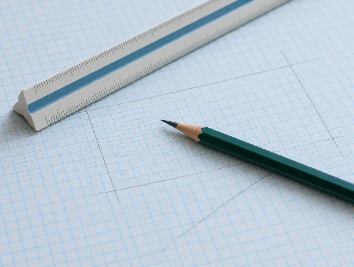 Règle d’architecte et crayon posés sur du papier quadrillé bleu
