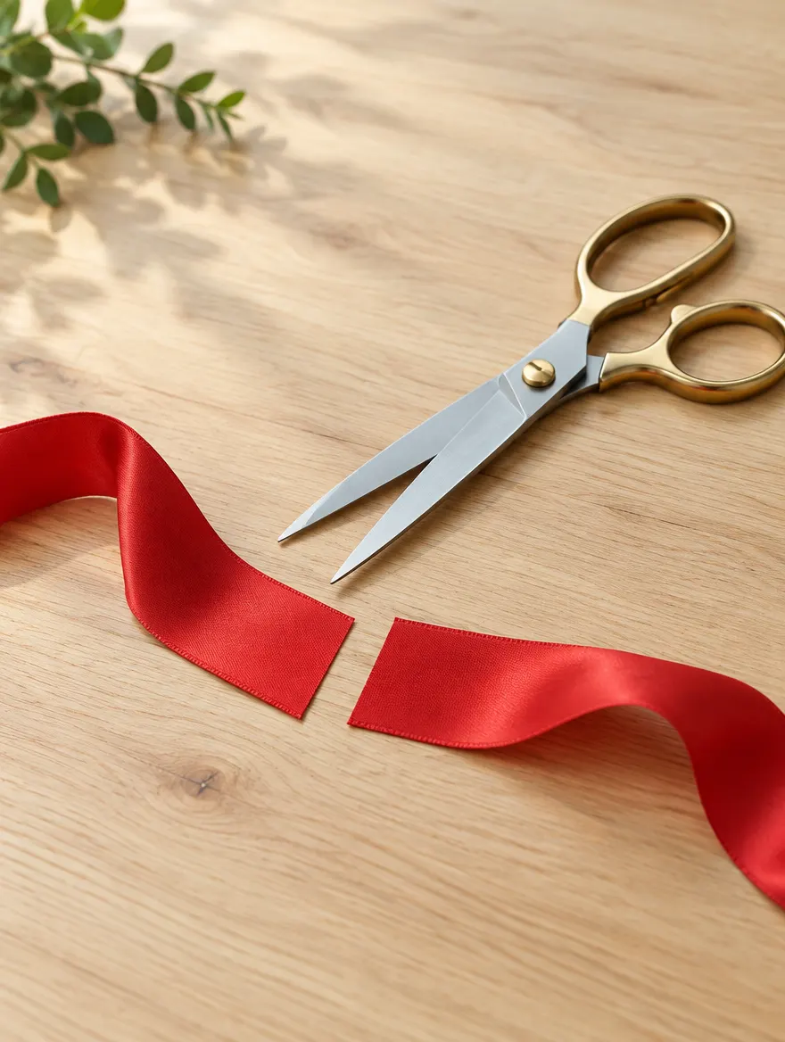 Ciseaux et ruban rouge coupé sur une table, pour la mise en ligne