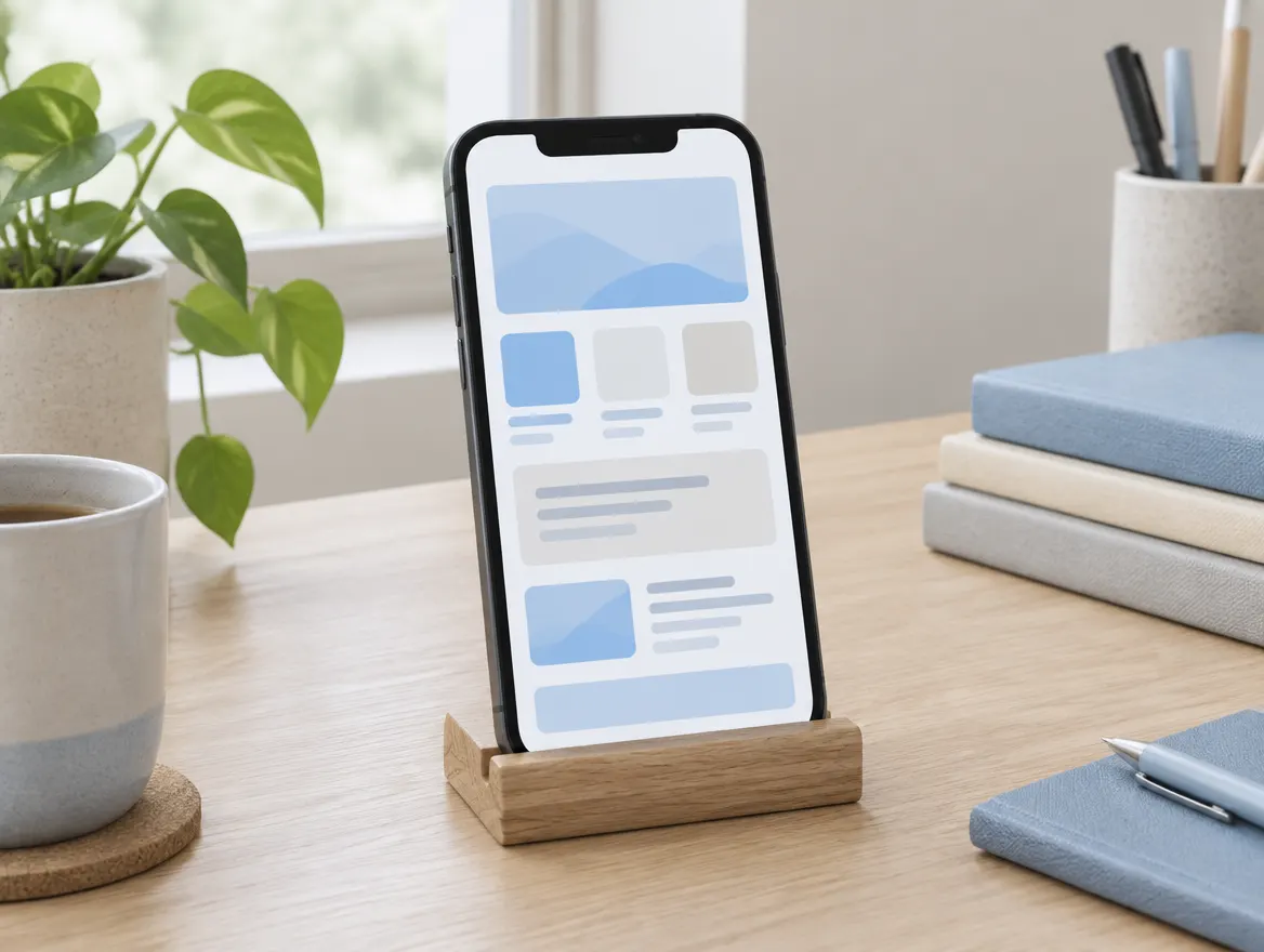 Téléphone debout sur un support en bois, affichant une mise en page simple