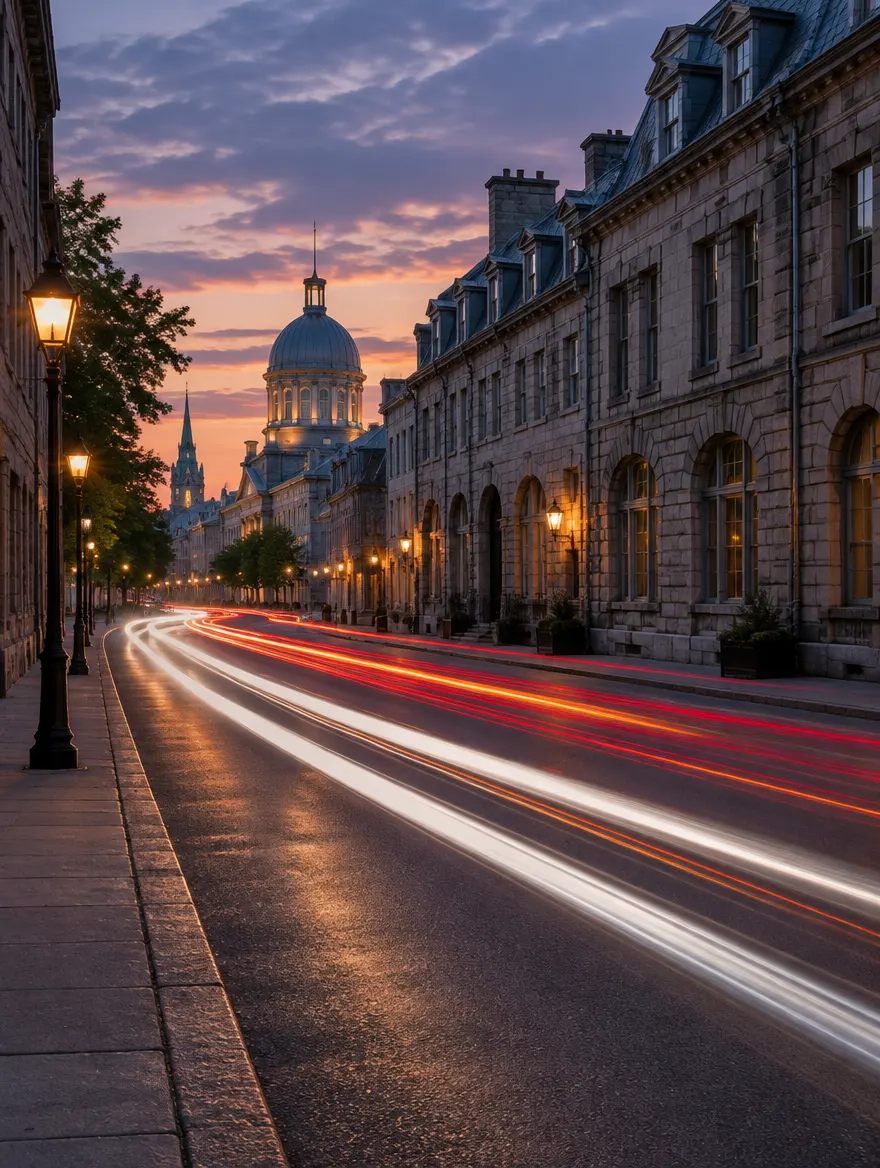 Traînées de lumière sur une rue de Montréal au crépuscule